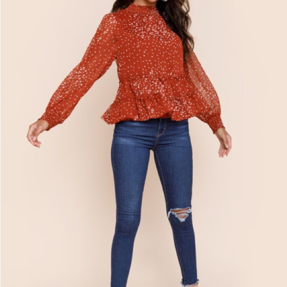 Burnt Orange/Brown Peplum Long Sleeve Tiered Smocked Blouse w/ Gold Thread